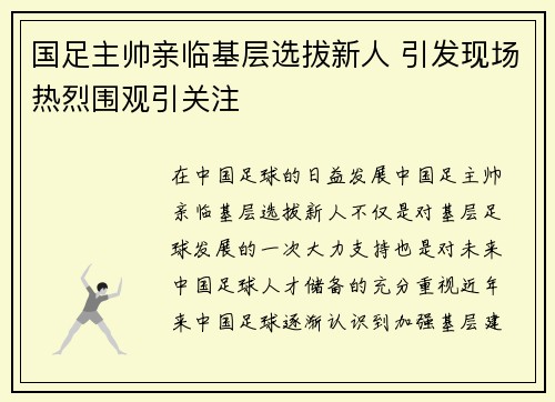 国足主帅亲临基层选拔新人 引发现场热烈围观引关注